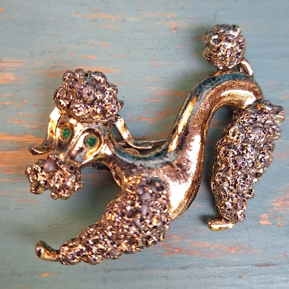 Vintage Dog Poodle Pin Green Gemstone Eyes Gold Metal Brooch Pooch Pins